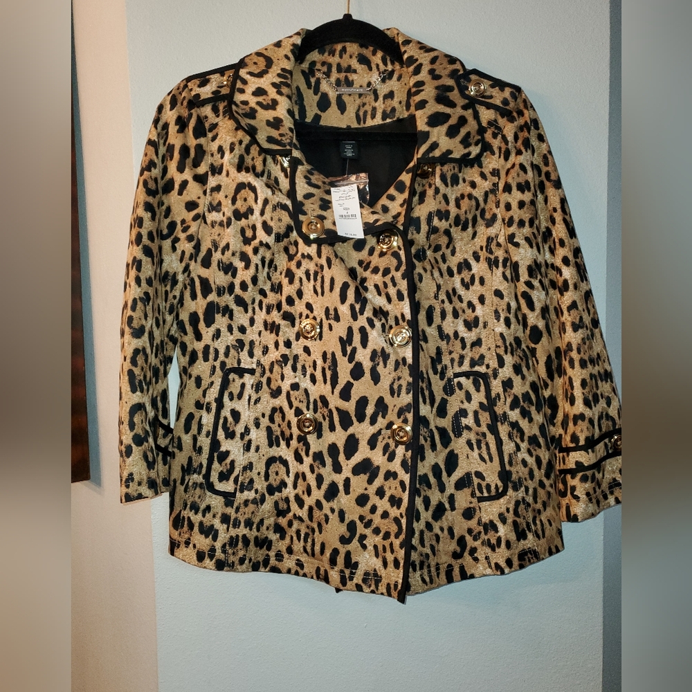 White House Black Market Leopard Print Swing Jacket 00 Tan Black Double Breasted